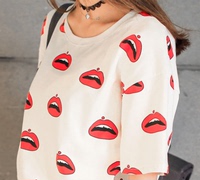 韩国东大门夏装新品满满红唇卡通印花圆领短袖T恤女