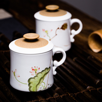 景德镇手绘陶瓷茶杯 马克带盖套装定窑粗陶过滤办公室水杯泡茶杯