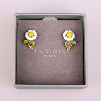 代购Les Nereides珐琅釉雏菊花朵绿叶耳钉 彩釉太阳花向日葵耳环