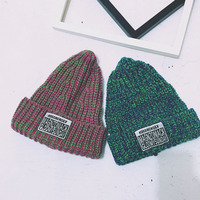 韩国秋冬款尖尖帽复古混色杂色毛线帽标签贴布针织帽子男女情侣帽