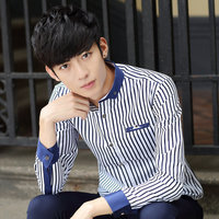 秋季新款男士长袖衬衫韩版修身型青少年休闲型男潮流条纹衬衣学生