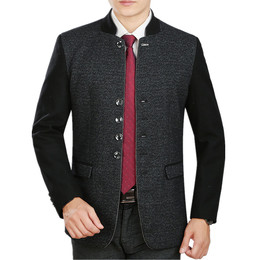 品牌男装2015秋季新款中年男士夹克羊毛呢薄款立领休闲爸爸装外套