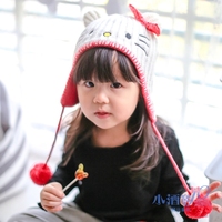 秋冬新品韩版婴儿宝宝KT帽针织帽子女童双层护耳帽可爱猫头毛线帽