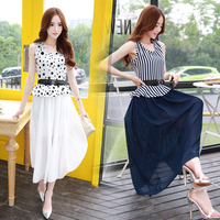 2015夏季新款女装 韩版时尚假两件连衣裙 百搭无袖中长裙 雪纺裙