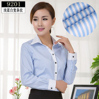 2015韩版工厂酒店公司条纹衬衫女长袖打底衫女装修身通勤职业衬衣