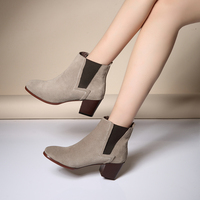 2014春秋新款女士短筒靴骑士靴 拼色磨砂圆头粗跟牛皮靴子