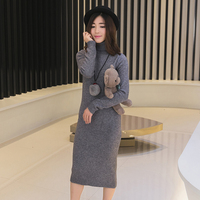 小圈家2015冬新品韩版套头针织衫女中长款纯色高领加厚打底连衣裙
