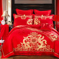 大红色多件套婚庆四件套 贡缎刺绣龙凤呈祥六八套件床单被套床罩