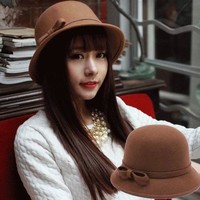 2015韩版新款秋季女士蝴蝶结羊毛帽 圆顶呢子小礼帽女盆帽HF07