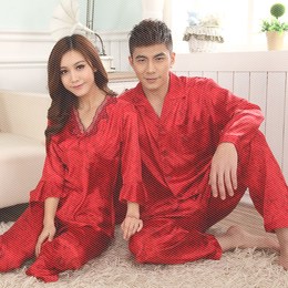红色情侣装结婚礼服新婚仿真丝绸睡衣男女士春秋季长袖两件套装包