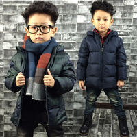 童装男童2015冬装新款韩版中大童格子羽绒服中长款宝宝儿童外套潮
