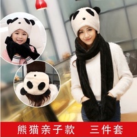 韩版亲子可爱熊猫款帽子围巾手套一体双层毛绒加厚保暖三件套女冬