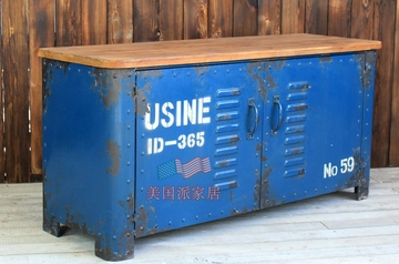 美式乡村铁艺实木电视柜 LOFT工矿法式乡村复古做旧铁皮柜储物柜