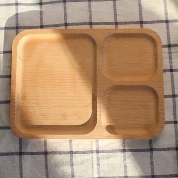 zakka无漆长方形榉木餐盘3格分隔托盘 原木茶盘 创意早餐点心盘