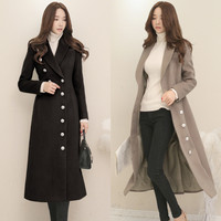 2015秋冬新品女装 韩国双排扣气质修身显瘦长款女士毛呢大衣外套