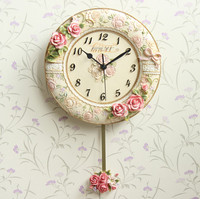 包邮欧式田园玫瑰树脂挂钟时尚创意客厅卧室静音装饰扫描挂表钟表