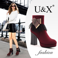 正品U&X 时尚流行单鞋 圆头粗跟超高跟水钻金属装饰女鞋UX5Q069