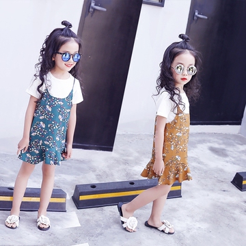 女童套装夏装2017新款潮衣韩版时尚儿童夏季碎花吊带鱼尾裙两件套