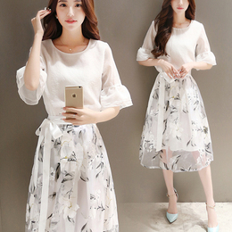 2016夏季新款韩版雪纺短袖气质印花欧根纱连衣裙两件套装8911