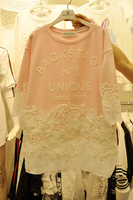 韩国代购2015春夏新款连衣裙女中长款拼接字母印花打底蕾丝裙子