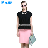 曼诺比菲 mnbf 2015夏季时尚纯色针织衫 纯棉修身扎腰珠片T恤