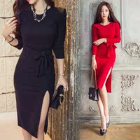 2015秋冬新款韩版女装中长款修身显瘦性感开叉包臀弹力打底连衣裙