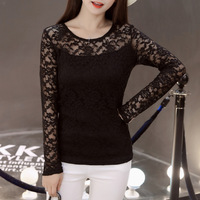 新款 女t秋装韩版纯色长袖蕾丝性感上衣底衫修身圆领白色黑色T恤