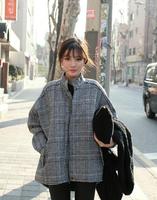 冬季韩国日系羊羔毛加绒加厚立领毛呢百搭蝙蝠袖格子毛呢风衣外套