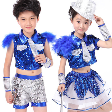 六一儿童爵士舞演出服装男女亮片羽毛表演服宝蓝色幼儿园舞蹈服装