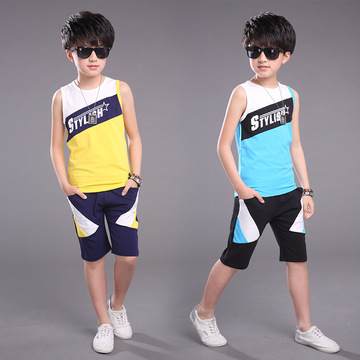 童套装2016夏季新款韩版男童中大童时尚拼色字母背心两件套
