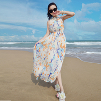 2016夏波西米亚开叉沙滩裙露背碎花海滩长裙旅行度假海边连衣裙