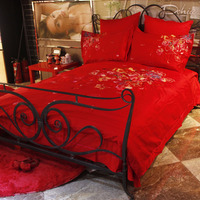 多喜爱喜玫瑰六件套正品大红色时尚彩刺绣花牡丹婚庆床单爱情花开