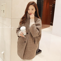 韩国代购2015秋冬新款毛呢外套女单排扣宽松立领中长款呢子大衣女