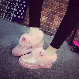 冬季新款雪地靴粉色系可爱兔子短筒平底纯色保暖棉鞋女短靴包邮