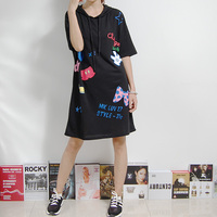2015夏新款韩版时尚可爱印花宽松连帽短袖中长款圆领T恤连衣裙女