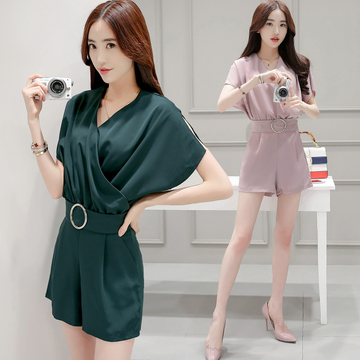 2016年夏季新品韩版简约潮流V领纯色短袖上衣短裤两件套时尚