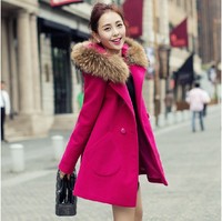 2015秋冬女装新款韩版中长款显瘦貉子毛领羊毛呢子大衣毛呢外套女