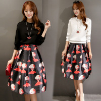 2016秋季时尚新款韩版童装女圆领长袖气质印花高腰半身裙两件套