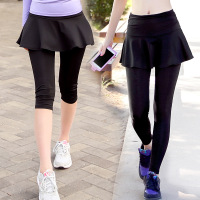 假两件瑜伽服女长裤运动速干修身健身服跑步运动显瘦7分裤裙大码