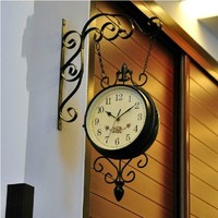 田园欧式铁艺时钟怀旧复古双面挂钟双面静音钟表客厅壁挂装饰壁钟