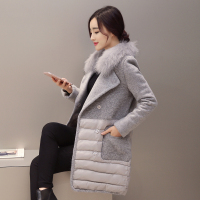 2015冬季新款韩版修身羽绒棉服女中长款毛呢拼接女棉衣羊绒呢大衣