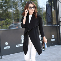 2015秋装新款韩版纯色翻领七分袖收腰中长款韩国系带风衣外套 女