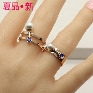 韩剧个性孔孝真同款斜珍珠火柴蓝色水钻镶嵌钛钢戒指环 新年特价