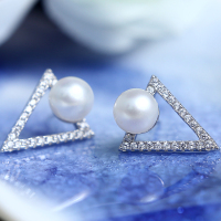 米丁手工定制三角形个性天然淡水珍珠s925银耳钉送妈妈