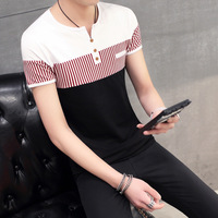 2016年热卖纯棉短袖T恤潮韩版修身新款扣拼色男士短袖T恤8682