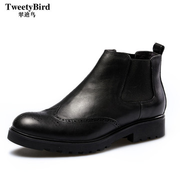 翠迪鸟 冬季英伦时尚黑色潮男鞋雕花加绒保暖高帮休闲布洛克皮鞋