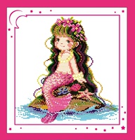 薇玛可爱的小美人鱼印花十字绣海边礁石上楚楚动人的美人鱼小女孩