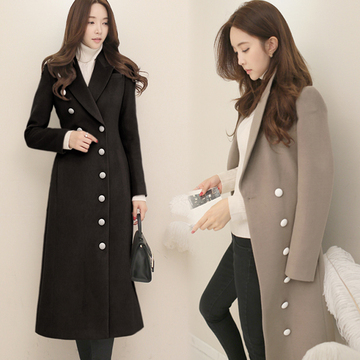 2015冬装新款韩版气质修身显瘦长款羊毛呢子大衣女士收腰羊绒外套