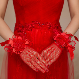 新娘红色手套短款结婚配饰婚纱手套白色夏季全指婚礼手套大码包邮