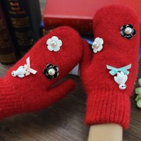 手套 女可爱韩版全指羊毛手套双层加厚秋冬季保暖大白手套兔毛